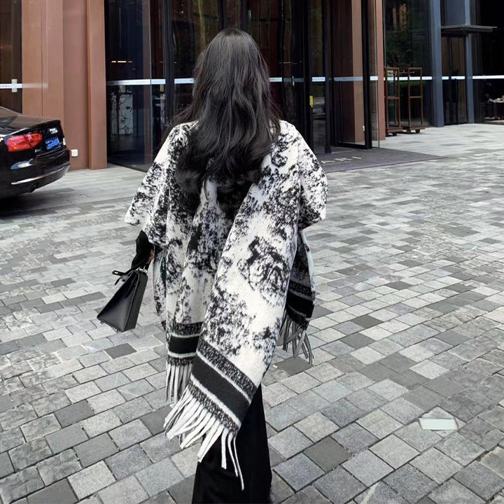Ink Painting Double-sided Shawl Outer Match Women's Autumn And Winter Retro High Sense - ZEYTONCART