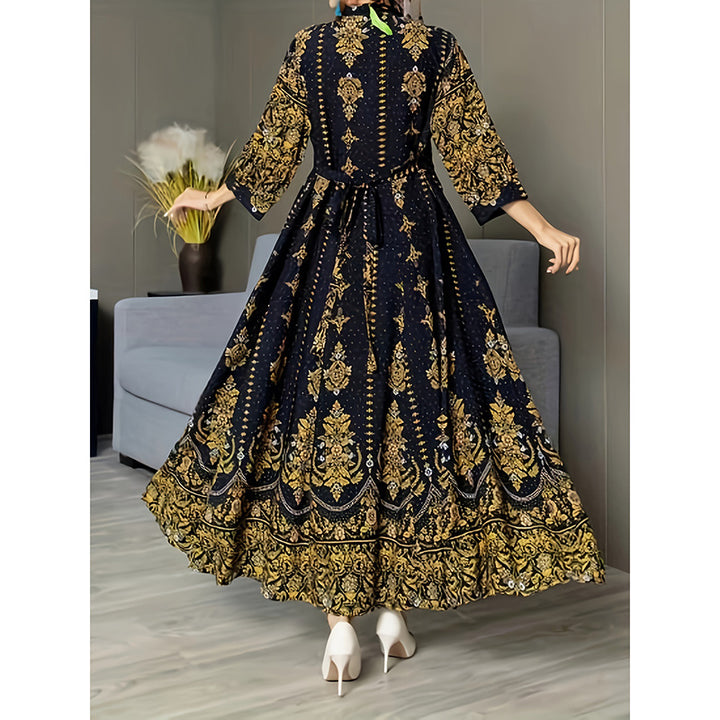 Women's Boho V Neck Maxi Dress Elegant 3 4 Sleeve Ethnic Floral Print Swing Dress - ZEYTONCART