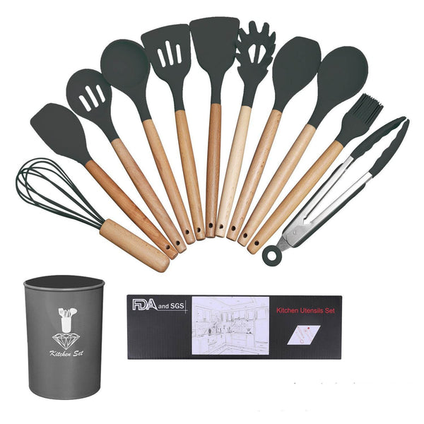 Wooden Handle Silicone Cooking Utensils Set - ZEYTONCART