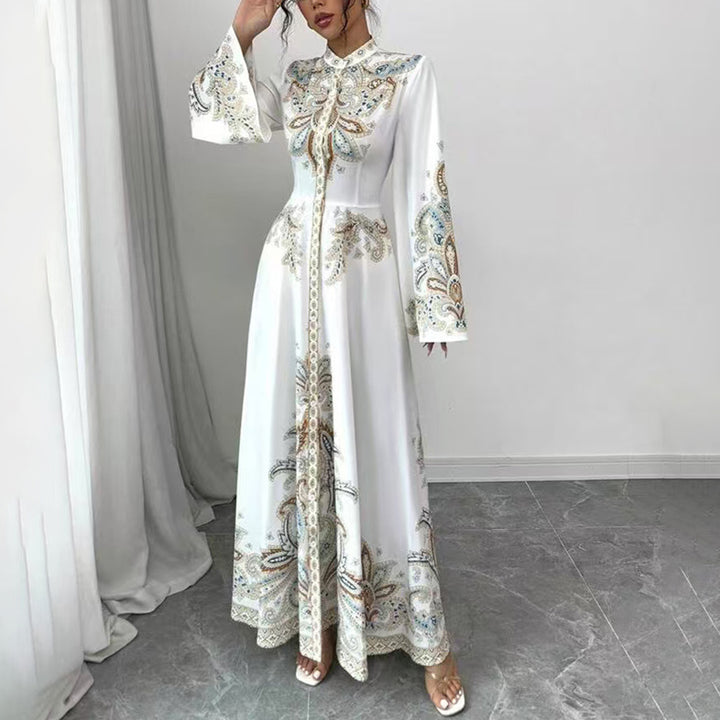 Elegant High-Neck Floral Maxi Dress - Long Flowy Sleeves, Modest A-Line Middle Eastern Style Gown Vacation & Party Dress For Women - ZEYTONCART