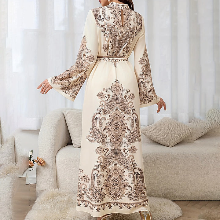 Women's Vintage High-Neck Floral Maxi Dress Loose Long Sleeve, Adjustable Waist Belt, Middle Eastern Inspired Holiday Dress Ankle-Length Gown - ZEYTONCART