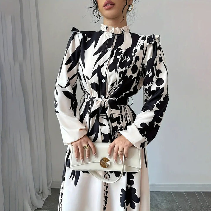 Women's Floral Print Long Sleeve Maxi Dress - Stand Collar A-Line Dress With Waist Detail, Lantern Sleeves & Ruffle Hem For Spring&Fall - ZEYTONCART