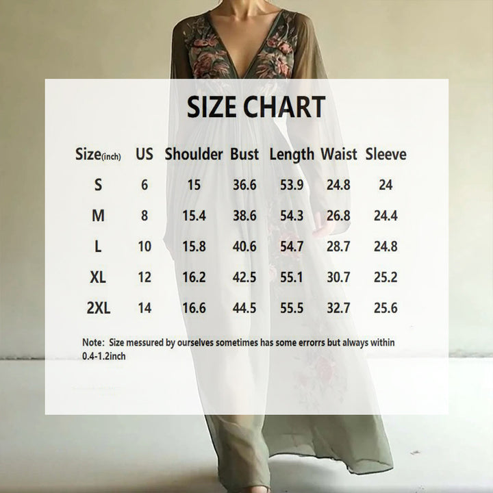 Women's Elegant V-Neck Green Floral Print A-Line Maxi Semi-Sheer Long Sleeve Spring&Summer Dress - ZEYTONCART