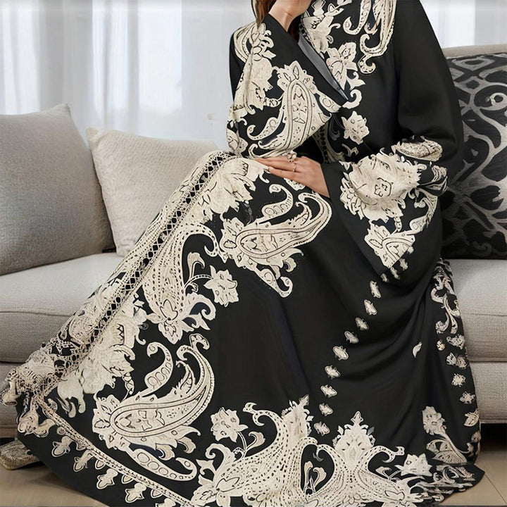 Women's Vintage High-Neck Floral Maxi Dress Loose Long Sleeve, Adjustable Waist Belt, Middle Eastern Inspired Holiday Dress Ankle-Length Gown - ZEYTONCART