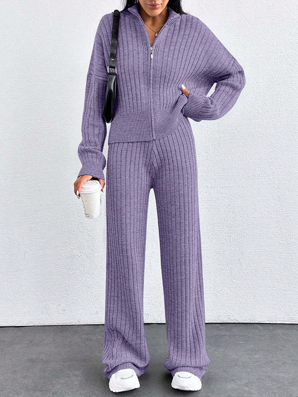 Autumn And Winter New European And American Women's Casual Loose Zip Top And Trousers Two-piece Set - ZEYTONCART