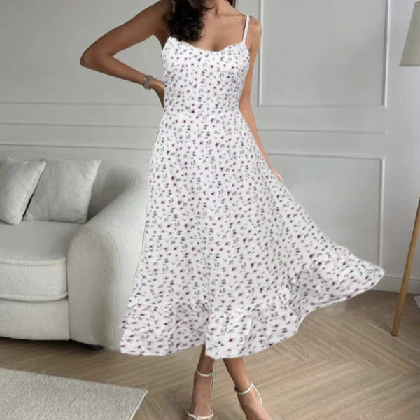 Ladies' Shallow V-neck Vacation Casual Small Floral Print Suspender Dress - ZEYTONCART