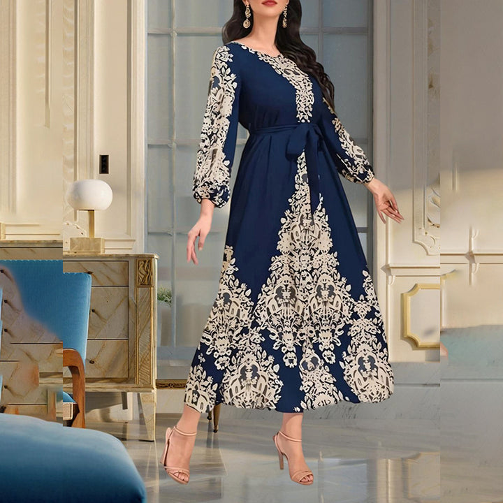 Women's Bohemian Floral Print Dress Ethnic Middle Eastern Style Long Sleeve Tiered Maxi Dress With Drawstring Waist - ZEYTONCART