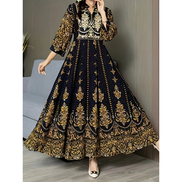 Women's Boho V Neck Maxi Dress Elegant 3 4 Sleeve Ethnic Floral Print Swing Dress - ZEYTONCART