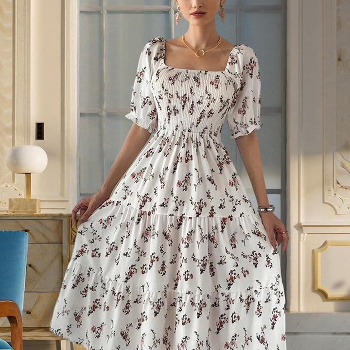 Women's Square Neck Short Sleeve A-Line Floral Print Dress Ruffled Sleeves Bust Smocked Elastic Boho Summer Vacation Dress - ZEYTONCART