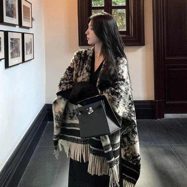 Ink Painting Double-sided Shawl Outer Match Women's Autumn And Winter Retro High Sense - ZEYTONCART