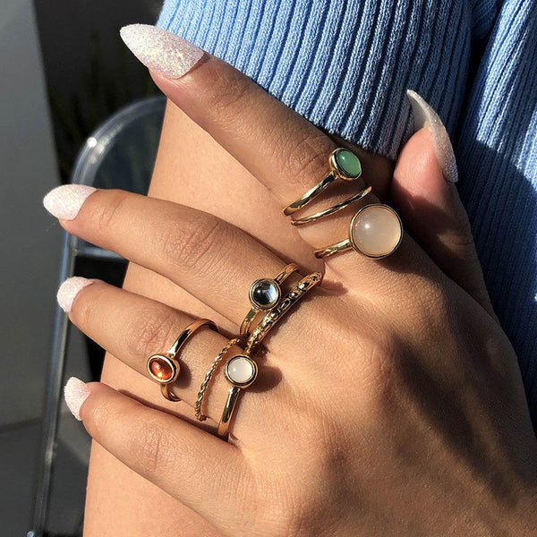 Colorful Stone Metalic Finger Rings Joint Combination Rings For Women Girl Rings - ZEYTONCART