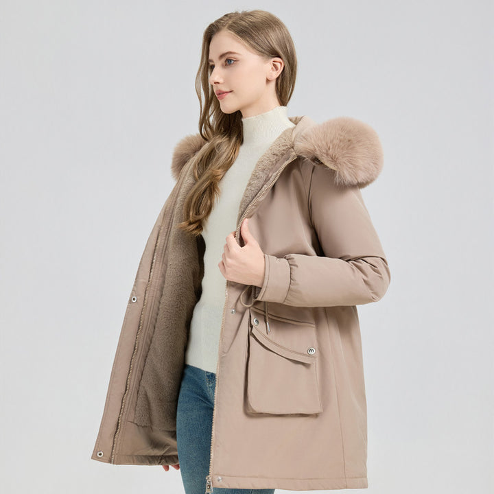 Women's Winter Fur-Lined Hooded Parka Coat Mid Length Down - ZEYTONCART