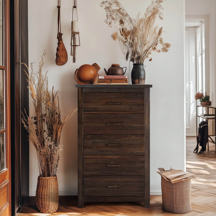 Brown Density Board With Solid Wood Veneer, Five Drawers In Vertical Arrangement, Drawer Cabinet - ZEYTONCART