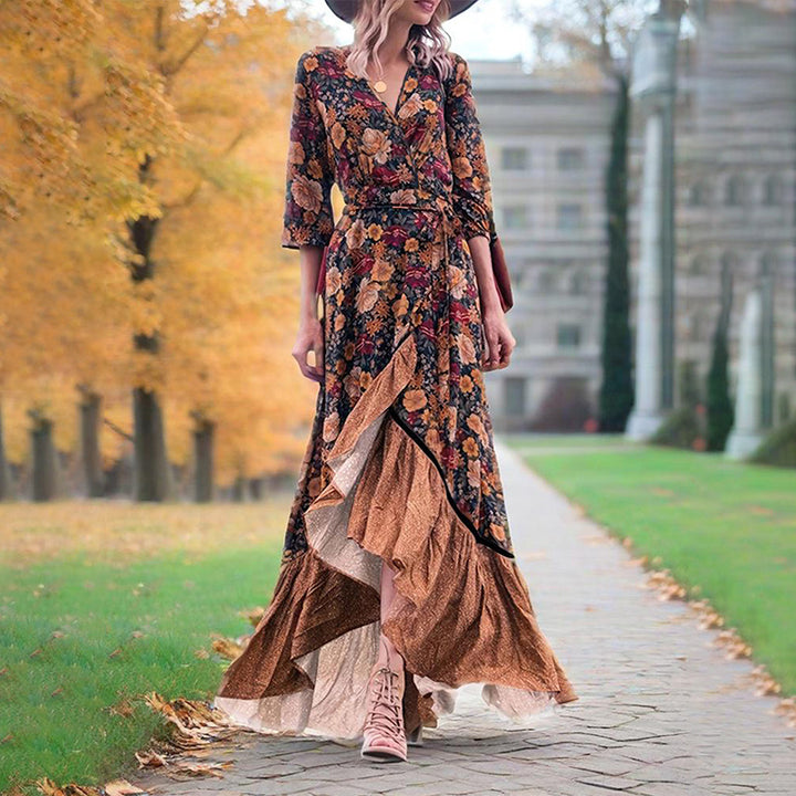 Women's Elegant V-Neck Floral Dress - Cross Front Detail & Tiered Ruffle Hem Flowing Bohemian-style Dress - ZEYTONCART