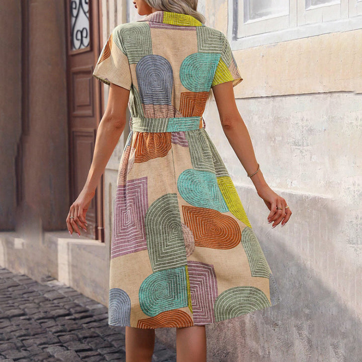 Women's Bohemian Floral Midi Dress V-Neck Short Sleeve Casual Dress, Slight Stretch Woven Fabric, Vibrant Print,  Summer Fashion - ZEYTONCART