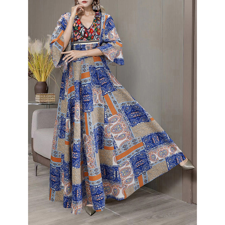 Women's Boho Maxi Dress 3 4 Sleeve V Neck Floral Embroidered Elegant A-Line Dress - ZEYTONCART