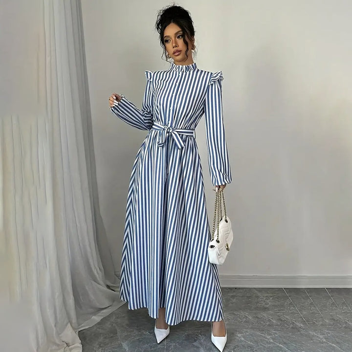 Women's Floral Print Long Sleeve Maxi Dress - Stand Collar A-Line Dress With Waist Detail, Lantern Sleeves & Ruffle Hem For Spring&Fall - ZEYTONCART