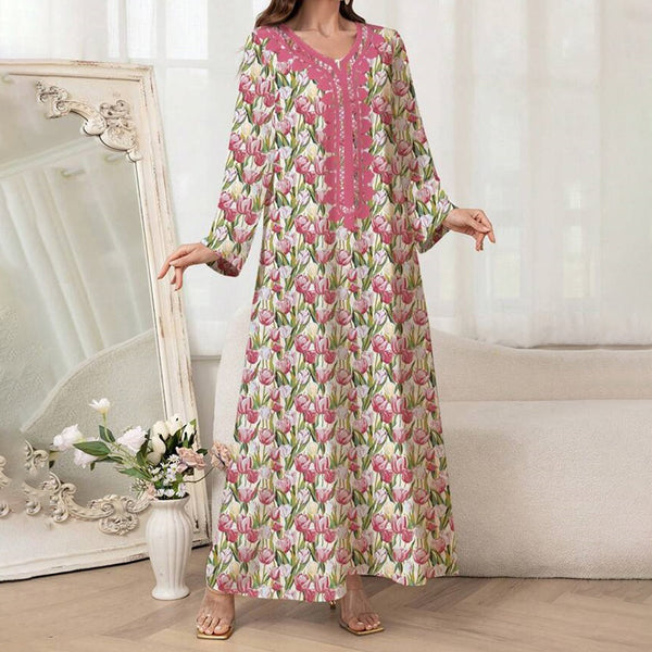 Women's Elegant Pink Floral Print Maxi Dress Vacation Style Long Sleeve A-line Flowy Dress - ZEYTONCART