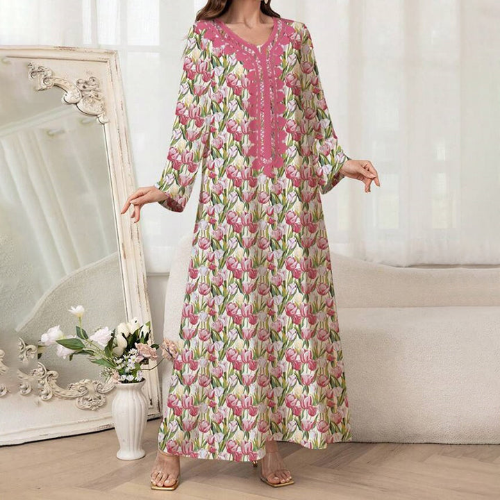 Women's Elegant Pink Floral Print Maxi Dress Vacation Style Long Sleeve A-line Flowy Dress - ZEYTONCART