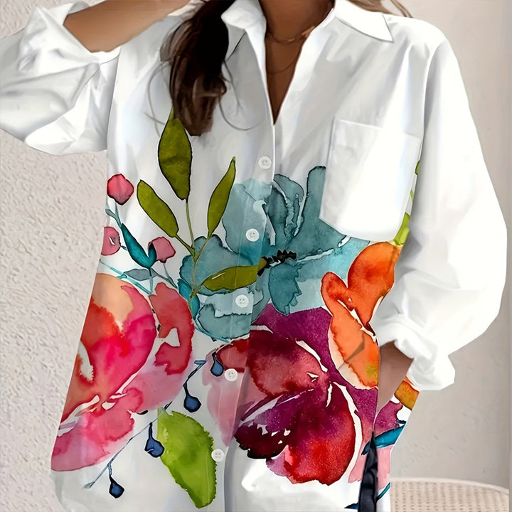 Women's Notch Lapel Long Sleeve Blouse With Colorful Floral Print - Chest Pocket Button-Up Shirt For Spring&Fall - ZEYTONCART