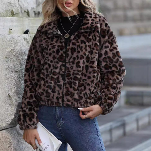 Women's Autumn And Winter Loose Long-sleeve Zipper Leopard Print Plush Coat - ZEYTONCART