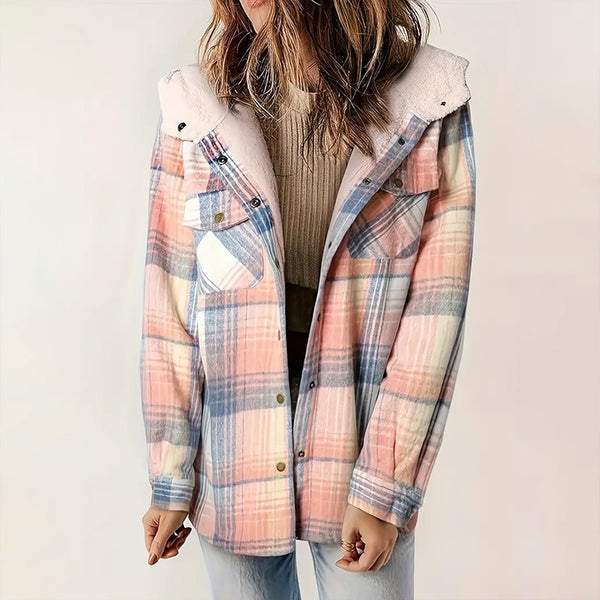 Women's Plaid Button-Up Long Sleeve Jacket Fall Winter  Flap Button Pocket Design Casual Hooded Fleece-Lined Warm Coat - ZEYTONCART