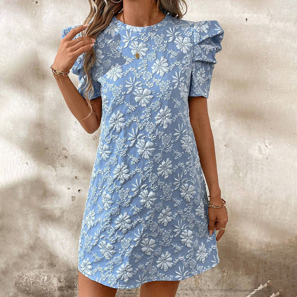 Women's Puff Sleeve A-Line Mini Dress Crew Neck Floral Casual Summer Dress - ZEYTONCART