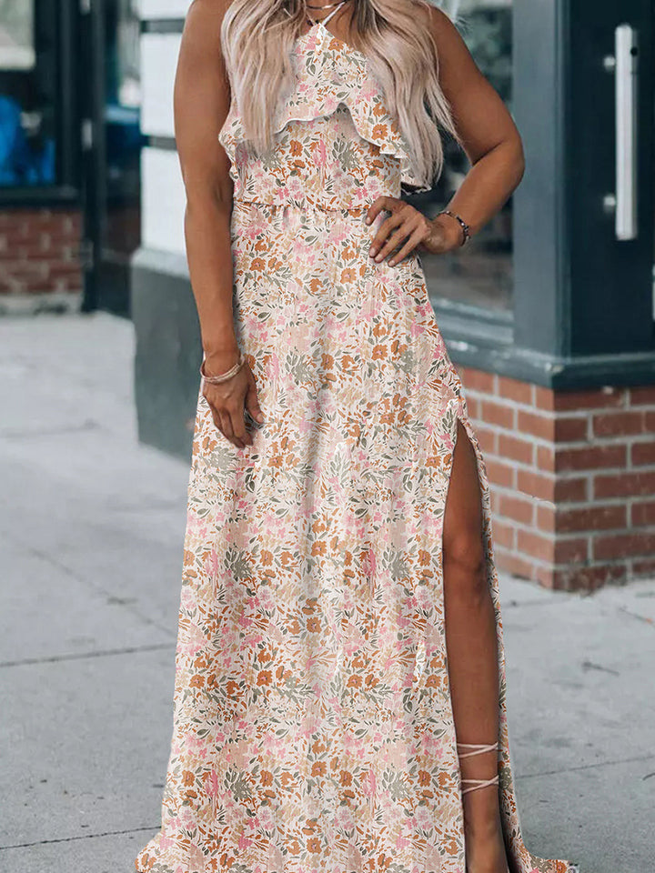 Summer Halter Dress Women Ruffled Floral Floral Print Slit Skirt - ZEYTONCART