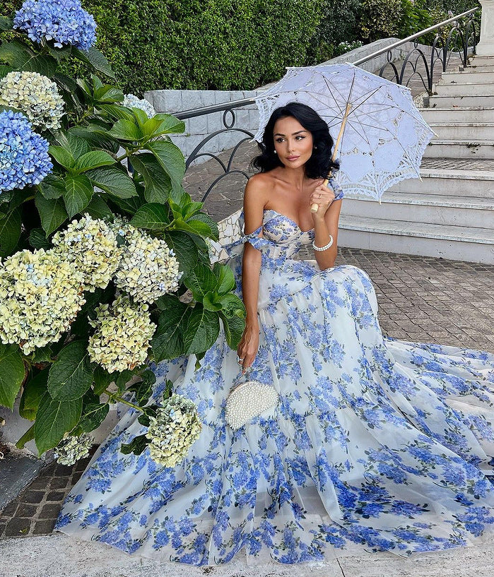 Floral Off-the-shoulder Strap Lace-up Large Swing Skirt Organza Dress - ZEYTONCART
