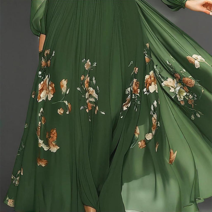 Women's Green Off-Shoulder Floral Print Dress With Puff Sleeves - Flowy A-Line Maxi Evening Dress - ZEYTONCART