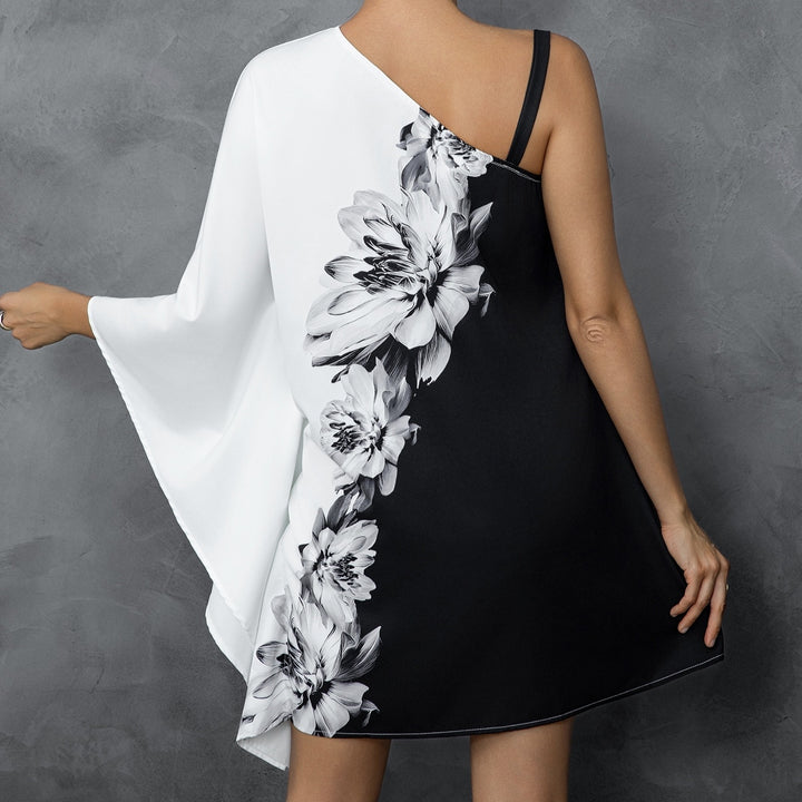Women's New Floral Print Single Shoulder Off Shoulder Irregular Sleeves Loose Fitting Dress - ZEYTONCART