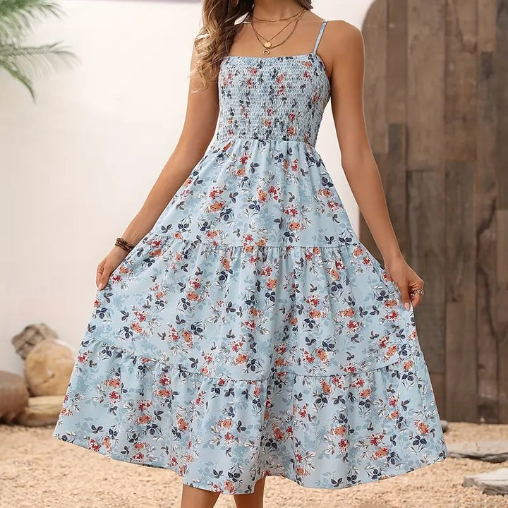 Womens Summer Floral Midi Dress Smocked Spaghetti Strap Sleeveless Tiered Casual Flowy Dresses - ZEYTONCART