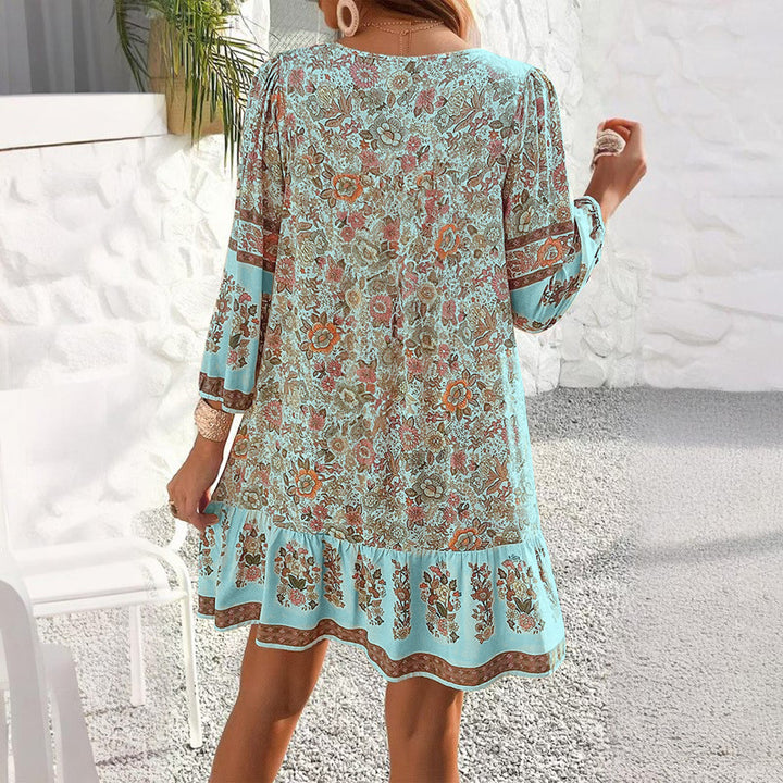 Women's Elegant V-Neck Fringe Bow Floral Print Dress Long Sleeve Comfortable Spring&Summer Dress - ZEYTONCART