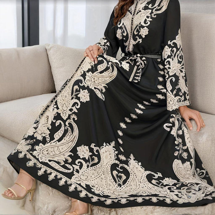 Women's Vintage High-Neck Floral Maxi Dress Loose Long Sleeve, Adjustable Waist Belt, Middle Eastern Inspired Holiday Dress Ankle-Length Gown - ZEYTONCART
