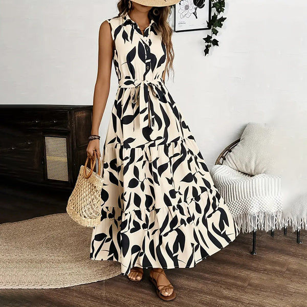 Women Sleeveless Boho Floral Maxi Dress Summer Button Shirt V Neck Flowy Belted Beach Vacation Dresses - ZEYTONCART