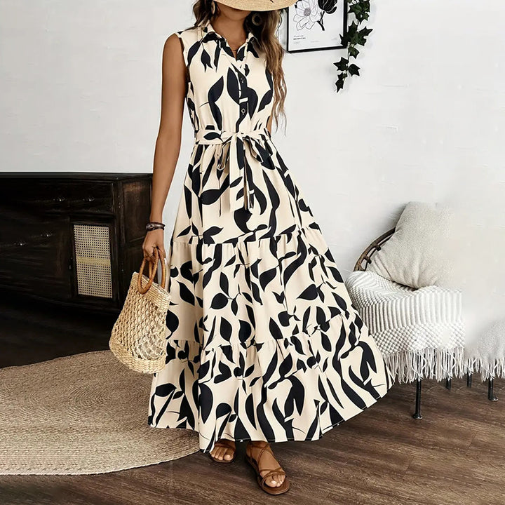 Women Sleeveless Boho Floral Maxi Dress Summer Button Shirt V Neck Flowy Belted Beach Vacation Dresses - ZEYTONCART