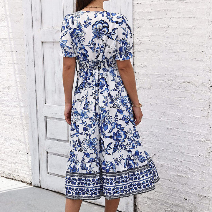 Women Floral Maxi Dress Short Puff Sleeve V Neck Bohemian Flowy Smocked Long Dress - ZEYTONCART