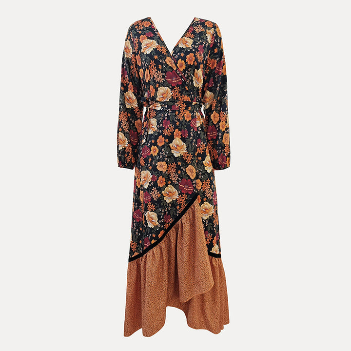 Women's Elegant V-Neck Floral Dress - Cross Front Detail & Tiered Ruffle Hem Flowing Bohemian-style Dress - ZEYTONCART