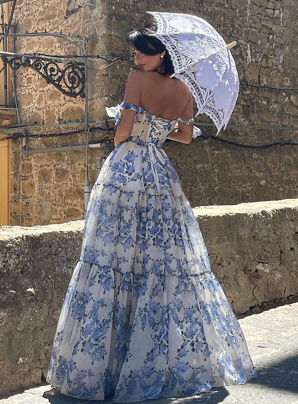 Floral Off-the-shoulder Strap Lace-up Large Swing Skirt Organza Dress - ZEYTONCART
