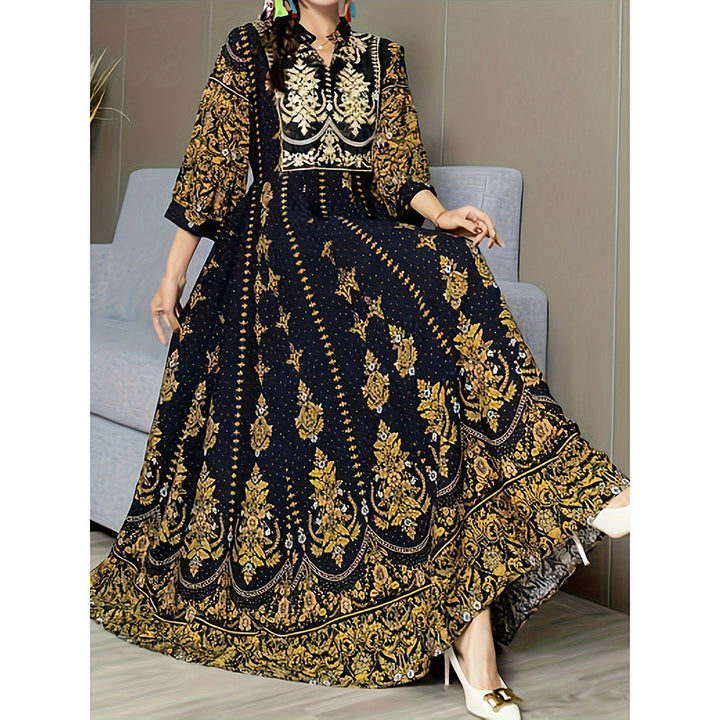 Women's Boho V Neck Maxi Dress Elegant 3 4 Sleeve Ethnic Floral Print Swing Dress - ZEYTONCART