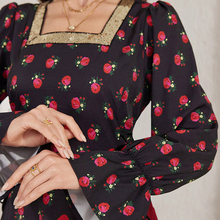 Women's Elegant Floral Print Square Neck Dress With Puff Sleeves & Cinched Waist, Summer Bohemian Dress - ZEYTONCART