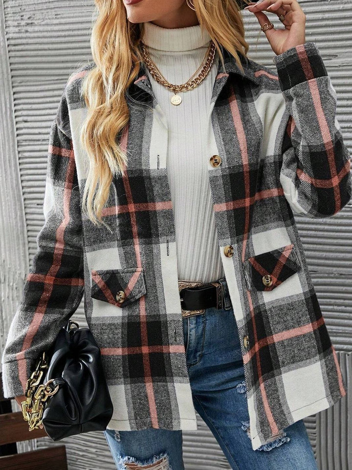 Autumn Winter Women's Wear Drop-shoulder Long-sleeve Lapel Loose Plaid Casual Shirt Coat - ZEYTONCART