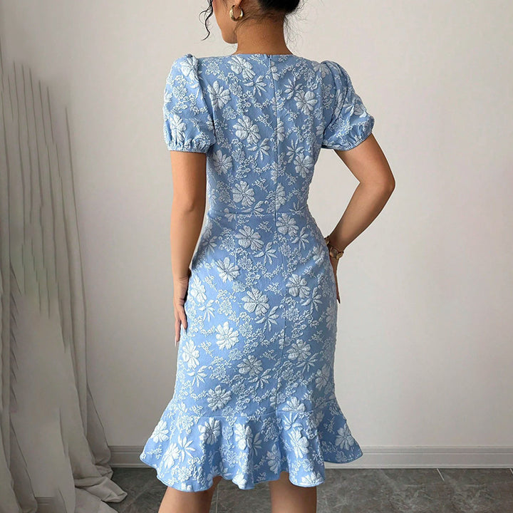 Women's Floral Jacquard Dress Women's Short Puff Sleeve Crew Neck Ruffle Hem Bodycon Dresses - ZEYTONCART