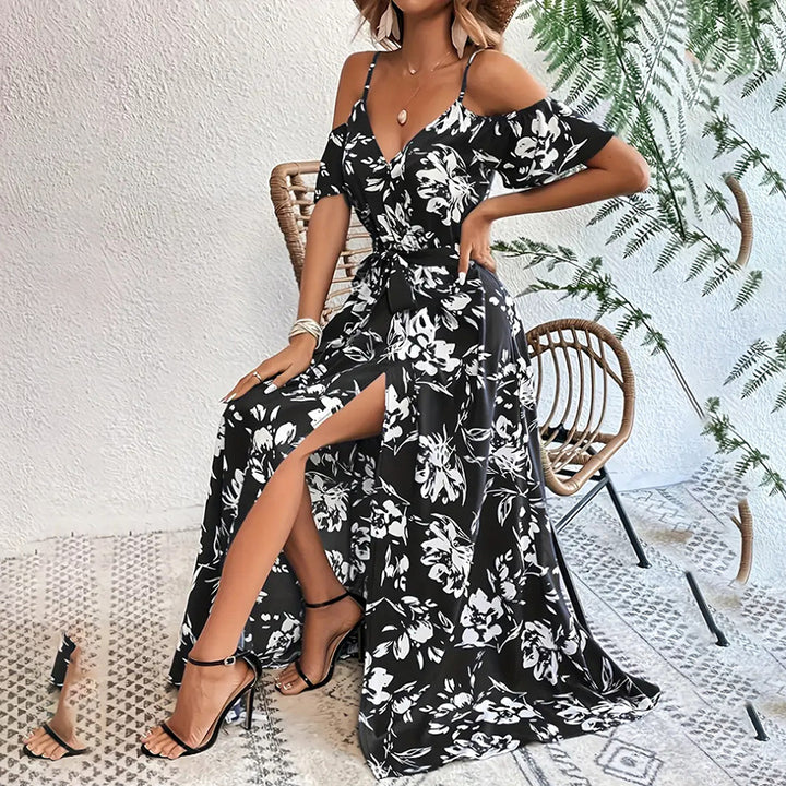Women's Floral Maxi Dress Cold Shoulder Split Belted A Line Long Summer Dress - ZEYTONCART