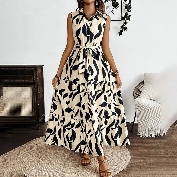 Women Sleeveless Boho Floral Maxi Dress Summer Button Shirt V Neck Flowy Belted Beach Vacation Dresses - ZEYTONCART