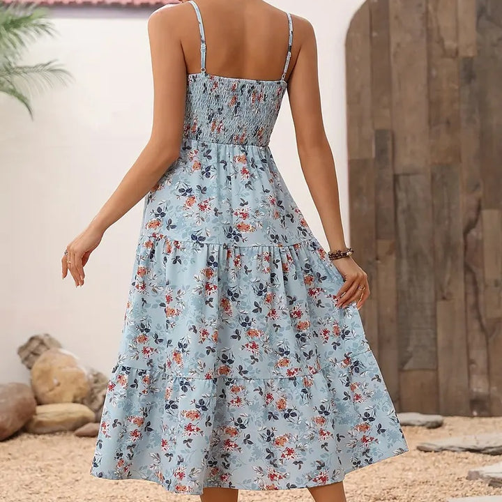 Womens Summer Floral Midi Dress Smocked Spaghetti Strap Sleeveless Tiered Casual Flowy Dresses - ZEYTONCART