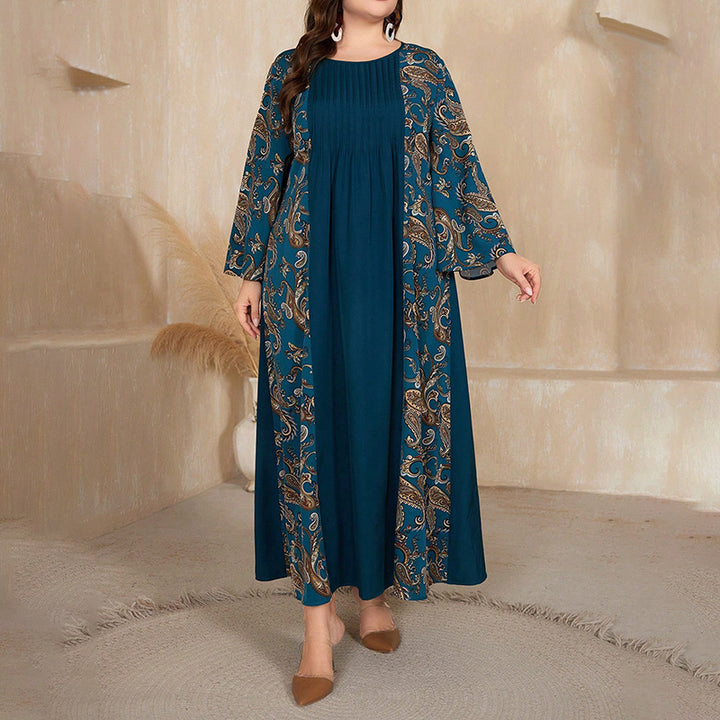Women's Plus Size Bohemian Floral Printed Maxi Dress, Pleated Front Long Sleeve Crew Neck Loose Fit - ZEYTONCART