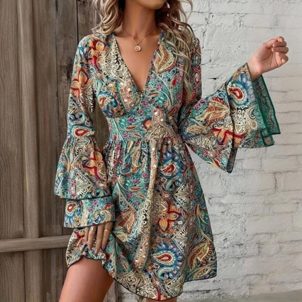 Elegant V-Neck Floral Print Dress - Layered Bell Sleeves, A-Line Waisted Party Dress For Women, Spring Summer Holiday Outfit - ZEYTONCART