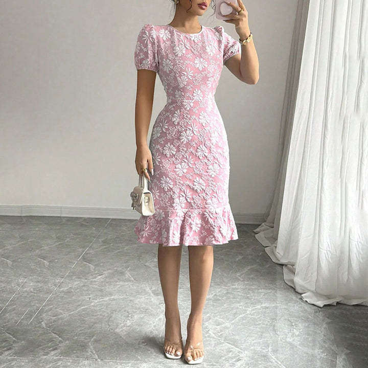 Women's Floral Jacquard Dress Women's Short Puff Sleeve Crew Neck Ruffle Hem Bodycon Dresses - ZEYTONCART