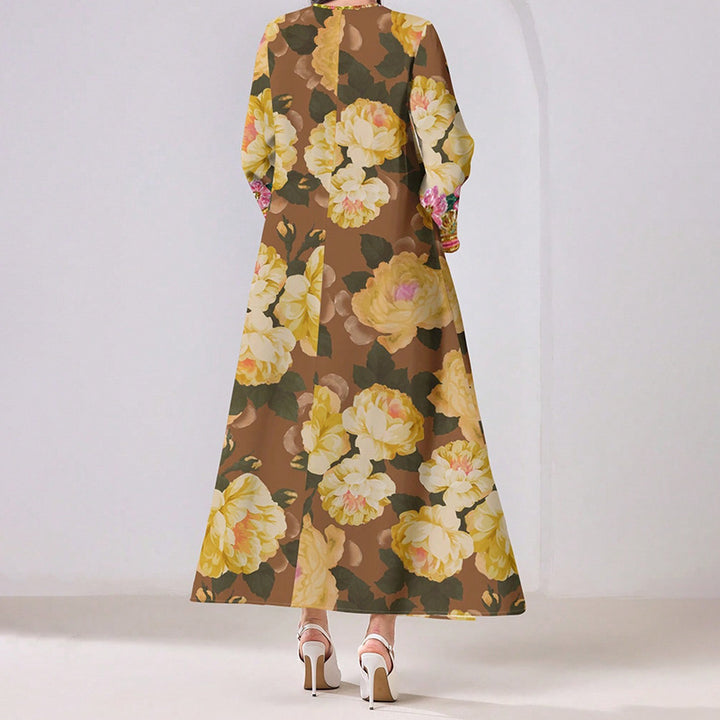 Women's Vibrant Floral Print V-Neck Long Sleeve Maxi Dress Elegant Bohemian A-Line Long Dress - ZEYTONCART